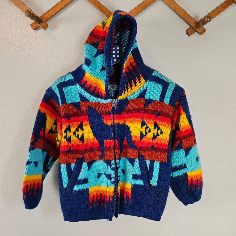 Camptex Southwestern Wolf Zip Wool Sweater Sz 2 2T Toddler Blue Aqua Orange